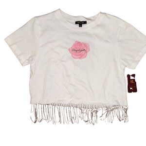 White & Pink Cropped Fringe T-Shirt